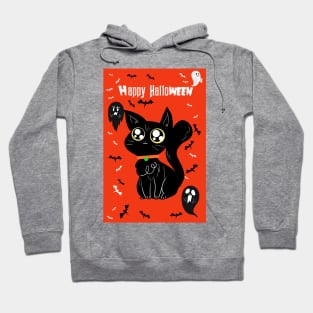 Happy Halloween - Orange and Black Big Eyed Cat Hoodie